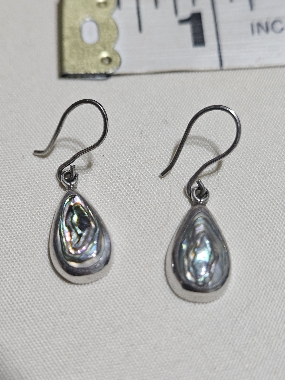 Sterling Silver Teardrop Dangle Earrings featuring Iridescent Abalone Shell